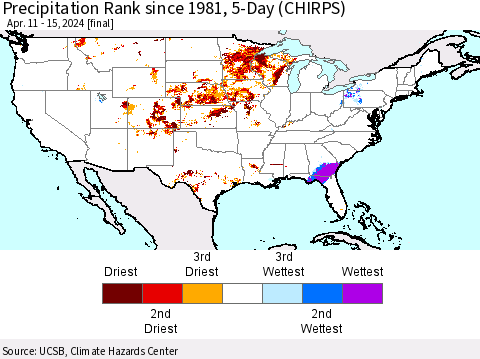 United States Precipitation Rank since 1981, 5-Day (CHIRPS) Thematic Map For 4/11/2024 - 4/15/2024