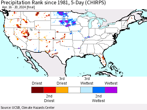 United States Precipitation Rank since 1981, 5-Day (CHIRPS) Thematic Map For 4/16/2024 - 4/20/2024