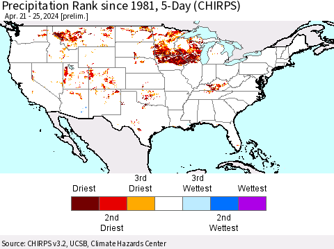 United States Precipitation Rank since 1981, 5-Day (CHIRPS) Thematic Map For 4/21/2024 - 4/25/2024