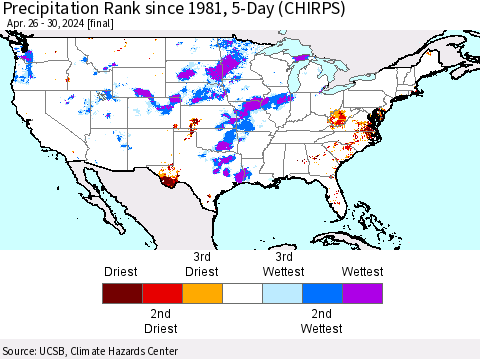 United States Precipitation Rank since 1981, 5-Day (CHIRPS) Thematic Map For 4/26/2024 - 4/30/2024