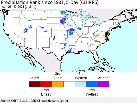 United States Precipitation Rank since 1981, 5-Day (CHIRPS) Thematic Map For 4/26/2024 - 4/30/2024