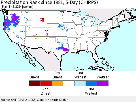 United States Precipitation Rank since 1981, 5-Day (CHIRPS) Thematic Map For 5/1/2024 - 5/5/2024