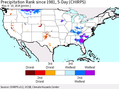 United States Precipitation Rank since 1981, 5-Day (CHIRPS) Thematic Map For 5/6/2024 - 5/10/2024