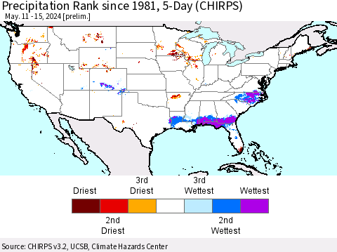 United States Precipitation Rank since 1981, 5-Day (CHIRPS) Thematic Map For 5/11/2024 - 5/15/2024