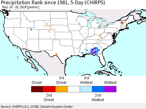 United States Precipitation Rank since 1981, 5-Day (CHIRPS) Thematic Map For 5/16/2024 - 5/20/2024