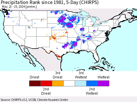 United States Precipitation Rank since 1981, 5-Day (CHIRPS) Thematic Map For 5/21/2024 - 5/25/2024
