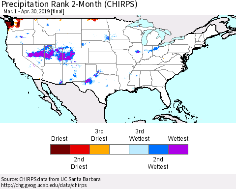 United States Precipitation Rank 2-Month (CHIRPS) Thematic Map For 3/1/2019 - 4/30/2019