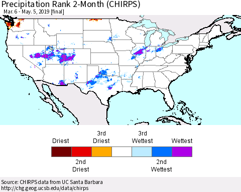 United States Precipitation Rank 2-Month (CHIRPS) Thematic Map For 3/6/2019 - 5/5/2019