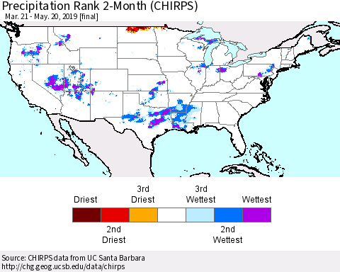 United States Precipitation Rank 2-Month (CHIRPS) Thematic Map For 3/21/2019 - 5/20/2019