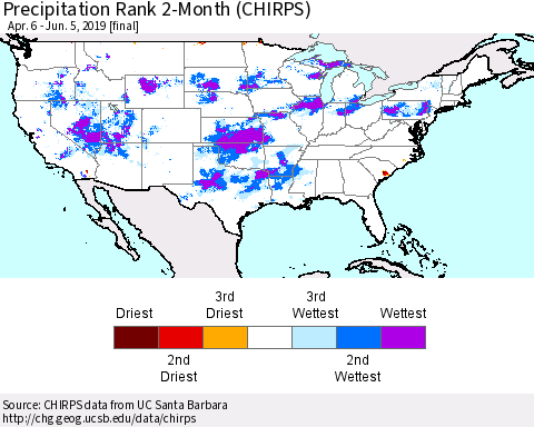 United States Precipitation Rank since 1981, 2-Month (CHIRPS) Thematic Map For 4/6/2019 - 6/5/2019