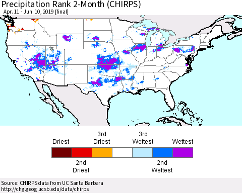 United States Precipitation Rank 2-Month (CHIRPS) Thematic Map For 4/11/2019 - 6/10/2019
