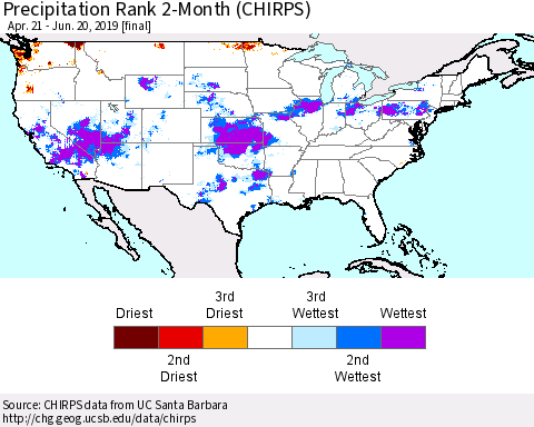 United States Precipitation Rank 2-Month (CHIRPS) Thematic Map For 4/21/2019 - 6/20/2019