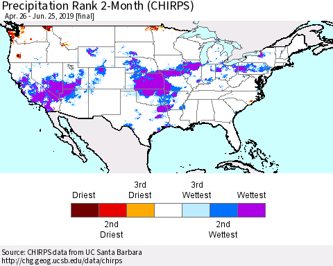 United States Precipitation Rank 2-Month (CHIRPS) Thematic Map For 4/26/2019 - 6/25/2019
