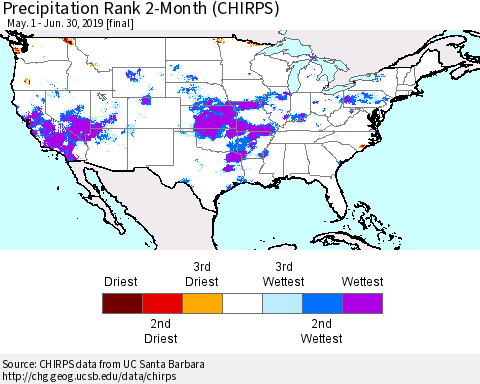 United States Precipitation Rank 2-Month (CHIRPS) Thematic Map For 5/1/2019 - 6/30/2019