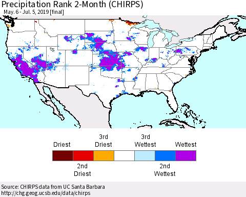United States Precipitation Rank 2-Month (CHIRPS) Thematic Map For 5/6/2019 - 7/5/2019