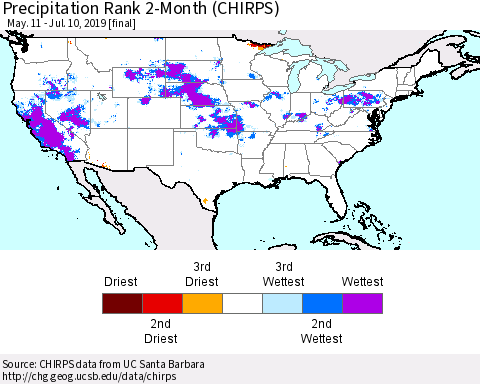 United States Precipitation Rank 2-Month (CHIRPS) Thematic Map For 5/11/2019 - 7/10/2019