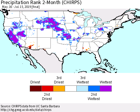 United States Precipitation Rank 2-Month (CHIRPS) Thematic Map For 5/16/2019 - 7/15/2019