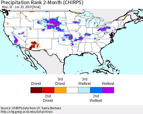 United States Precipitation Rank since 1981, 2-Month (CHIRPS) Thematic Map For 5/21/2019 - 7/20/2019