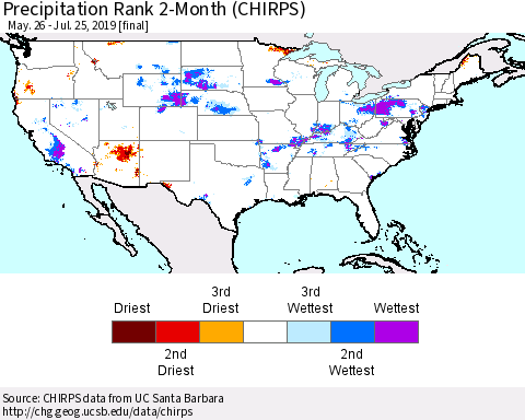 United States Precipitation Rank 2-Month (CHIRPS) Thematic Map For 5/26/2019 - 7/25/2019