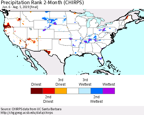United States Precipitation Rank since 1981, 2-Month (CHIRPS) Thematic Map For 6/6/2019 - 8/5/2019