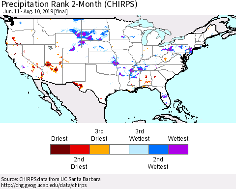 United States Precipitation Rank since 1981, 2-Month (CHIRPS) Thematic Map For 6/11/2019 - 8/10/2019