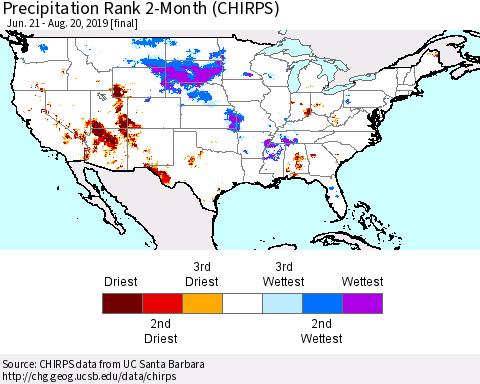 United States Precipitation Rank 2-Month (CHIRPS) Thematic Map For 6/21/2019 - 8/20/2019