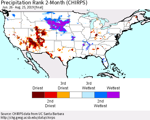 United States Precipitation Rank 2-Month (CHIRPS) Thematic Map For 6/26/2019 - 8/25/2019