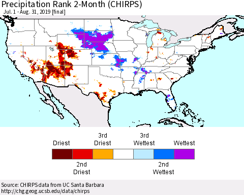 United States Precipitation Rank 2-Month (CHIRPS) Thematic Map For 7/1/2019 - 8/31/2019