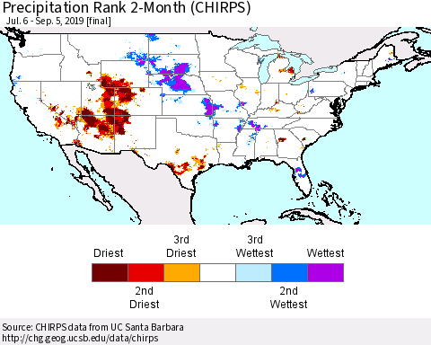 United States Precipitation Rank 2-Month (CHIRPS) Thematic Map For 7/6/2019 - 9/5/2019