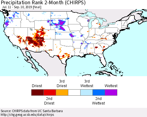 United States Precipitation Rank since 1981, 2-Month (CHIRPS) Thematic Map For 7/11/2019 - 9/10/2019