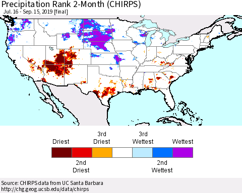 United States Precipitation Rank 2-Month (CHIRPS) Thematic Map For 7/16/2019 - 9/15/2019