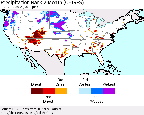 United States Precipitation Rank 2-Month (CHIRPS) Thematic Map For 7/21/2019 - 9/20/2019