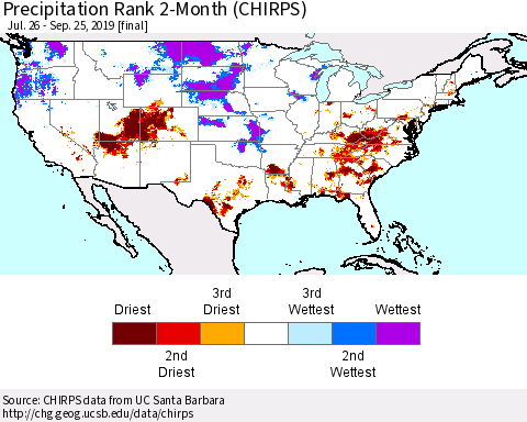 United States Precipitation Rank 2-Month (CHIRPS) Thematic Map For 7/26/2019 - 9/25/2019