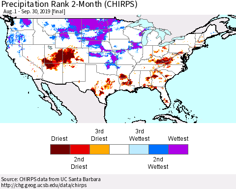 United States Precipitation Rank 2-Month (CHIRPS) Thematic Map For 8/1/2019 - 9/30/2019