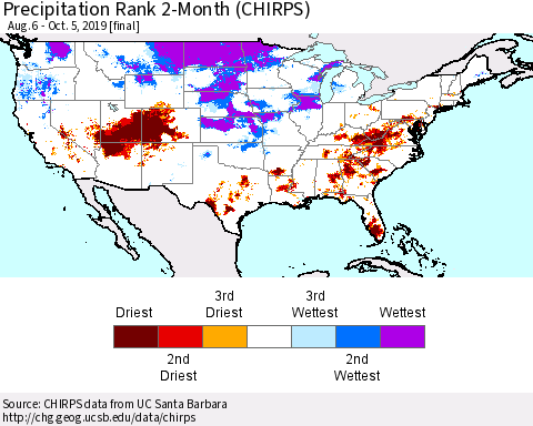 United States Precipitation Rank 2-Month (CHIRPS) Thematic Map For 8/6/2019 - 10/5/2019