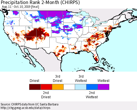 United States Precipitation Rank since 1981, 2-Month (CHIRPS) Thematic Map For 8/11/2019 - 10/10/2019