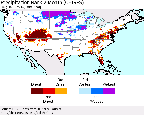 United States Precipitation Rank since 1981, 2-Month (CHIRPS) Thematic Map For 8/16/2019 - 10/15/2019