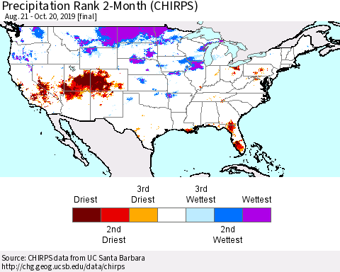 United States Precipitation Rank 2-Month (CHIRPS) Thematic Map For 8/21/2019 - 10/20/2019