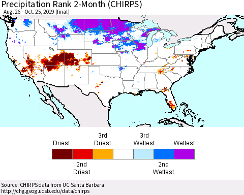 United States Precipitation Rank 2-Month (CHIRPS) Thematic Map For 8/26/2019 - 10/25/2019