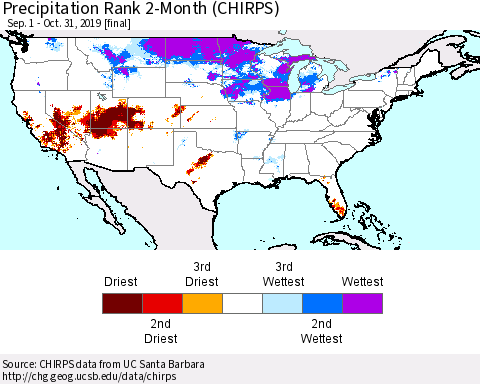 United States Precipitation Rank since 1981, 2-Month (CHIRPS) Thematic Map For 9/1/2019 - 10/31/2019