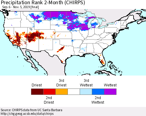 United States Precipitation Rank 2-Month (CHIRPS) Thematic Map For 9/6/2019 - 11/5/2019