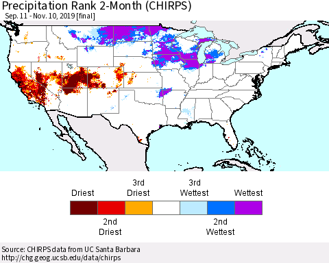 United States Precipitation Rank 2-Month (CHIRPS) Thematic Map For 9/11/2019 - 11/10/2019