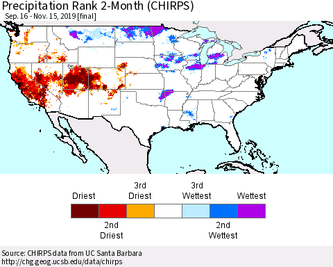 United States Precipitation Rank since 1981, 2-Month (CHIRPS) Thematic Map For 9/16/2019 - 11/15/2019