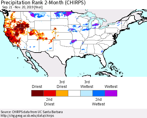 United States Precipitation Rank 2-Month (CHIRPS) Thematic Map For 9/21/2019 - 11/20/2019