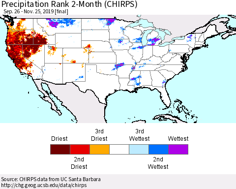 United States Precipitation Rank 2-Month (CHIRPS) Thematic Map For 9/26/2019 - 11/25/2019