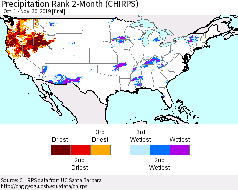 United States Precipitation Rank since 1981, 2-Month (CHIRPS) Thematic Map For 10/1/2019 - 11/30/2019