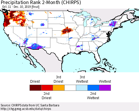 United States Precipitation Rank 2-Month (CHIRPS) Thematic Map For 10/11/2019 - 12/10/2019