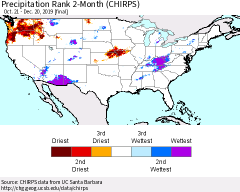 United States Precipitation Rank 2-Month (CHIRPS) Thematic Map For 10/21/2019 - 12/20/2019