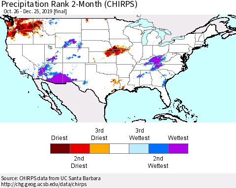 United States Precipitation Rank since 1981, 2-Month (CHIRPS) Thematic Map For 10/26/2019 - 12/25/2019