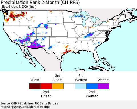 United States Precipitation Rank 2-Month (CHIRPS) Thematic Map For 11/6/2019 - 1/5/2020